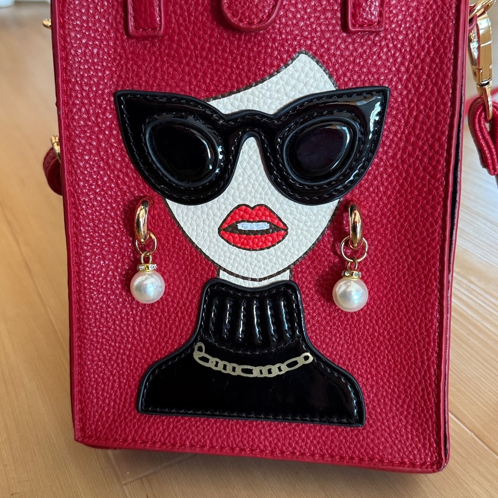 WOMEN FASHION NOVELTY LADY FACE SHOULDER HANDBAG/CLUTCH RETRO RED CHIC GLAM NWOT - Picture 8 of 12